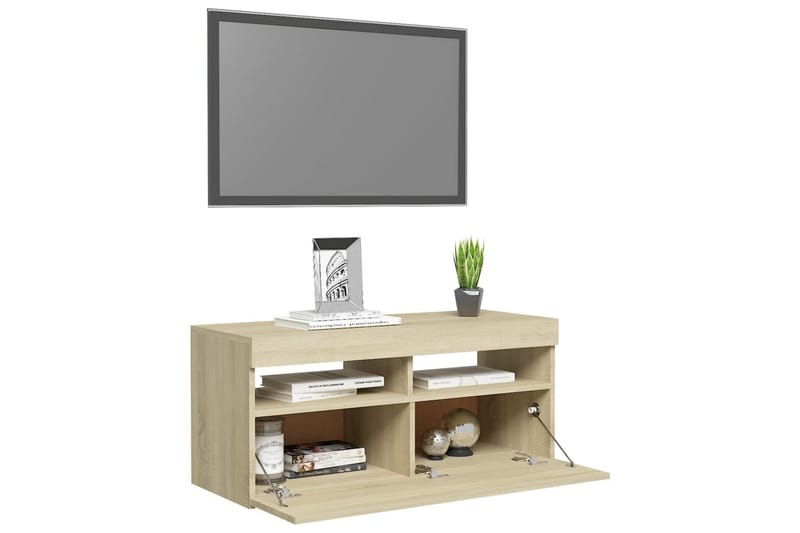 TV-bänk med LED-belysning sonoma-ek 90x35x40 cm - Brun - Tv-bänkar