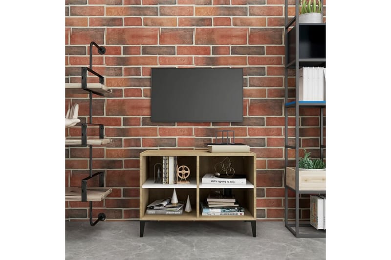 TV-bänk med metallben vit och sonoma-ek 69,5x30x50 cm - Vit - Tv-bänkar