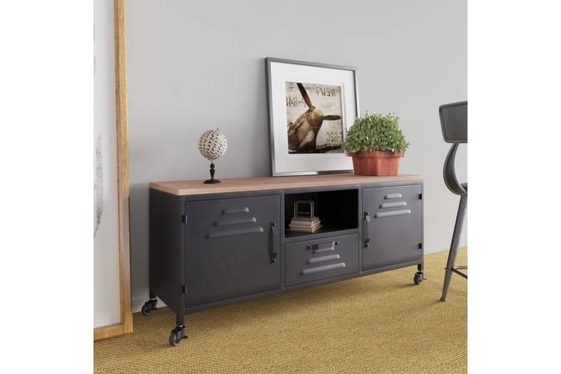 Tv-bänk svart 110x30x43 cm järn och massivt granträ - Svart - Möbler - Vardagsrum - Tv-möbler & mediamöbler - Tv-bänkar