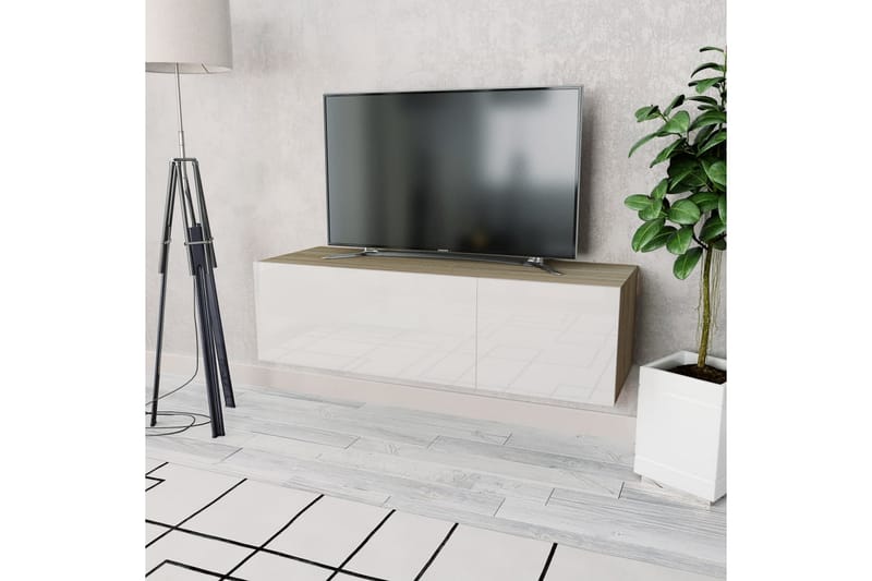 TV-möbel spånskiva 120x40x34 cm ek och vit högglans - Brun - Tv-bänkar