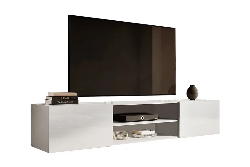 Vägghängd Tv Bänk 200 cm med Förvaring i Målat Trä, Vit