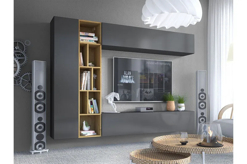 Vägghängd Tv Bänk 224 cm med Förvaring i Ek, Antracit