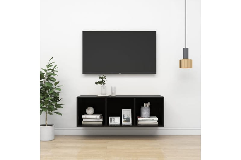 Väggmonterad tv-bänk svart högglans 37x37x107 cm spånskiva - Svart - Tv-bänkar