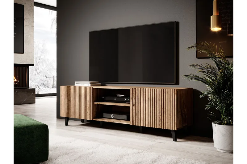 Växjö Tv bänk med Förvaring + Hylla - Svart / Ek / Ribbad - Möbler - Vardagsrum - Tv-möbler & mediamöbler - Tv-bänkar