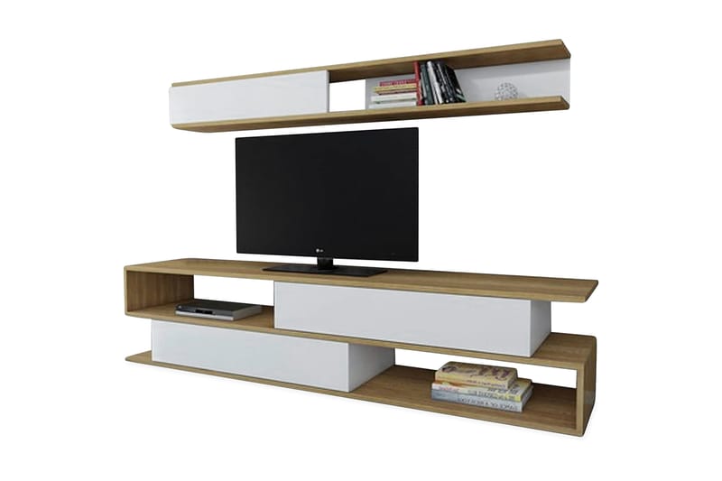 DERESIA Tv-bänk med Hylla Vit/Teak - Vit/Teak - Möbler - Vardagsrum - Tv-möbler & mediamöbler - Tv-möbelset