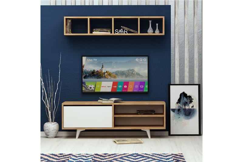 ELLINA Tv-bänk med Vägghylla Trä/Vit - Trä/Vit - Möbler - Vardagsrum - Tv-möbler & mediamöbler - Tv-möbelset