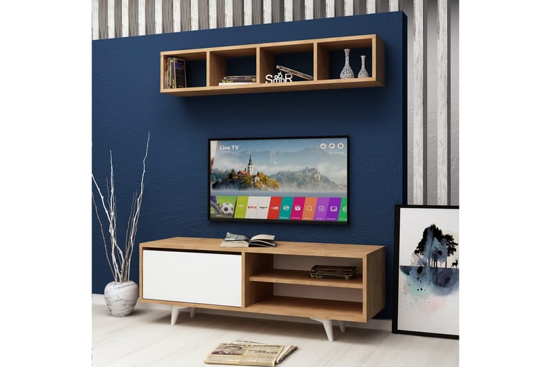 ELLINA Tv-bänk med Vägghylla Trä/Vit - Trä/Vit - Möbler - Vardagsrum - Tv-möbler & mediamöbler - Tv-möbelset