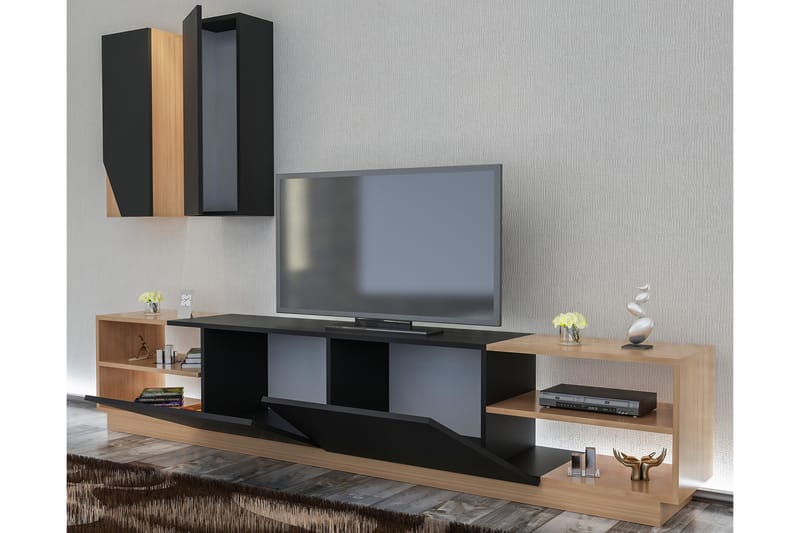 NICHOLLE Tv-Bänk med Dold Förvaring Svart/Teak - Svart/Teak - Möbler - Vardagsrum - Tv-möbler & mediamöbler - Tv-möbelset