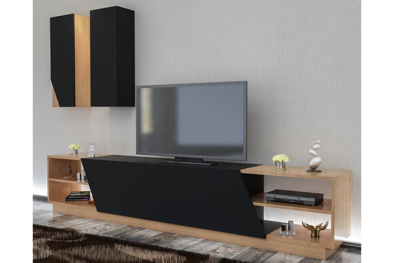 NICHOLLE Tv-Bänk med Dold Förvaring Svart/Teak - Svart/Teak - Möbler - Vardagsrum - Tv-möbler & mediamöbler - Tv-möbelset