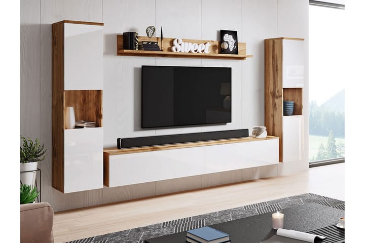 Sadahiro Tv-möbelset Trä/Vit högglans - Natur/Vit - Tv-möbelset
