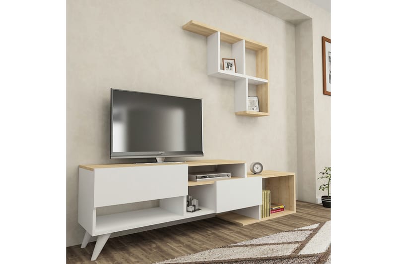 SHAMAH Tv-möbelset 135 cm 2 Dörrar + 9 Hyllor Vit/Blå/Natur - Tv-möbelset