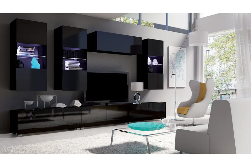 Tessan TV-möbelset, Svart/Blå Led-Belysning