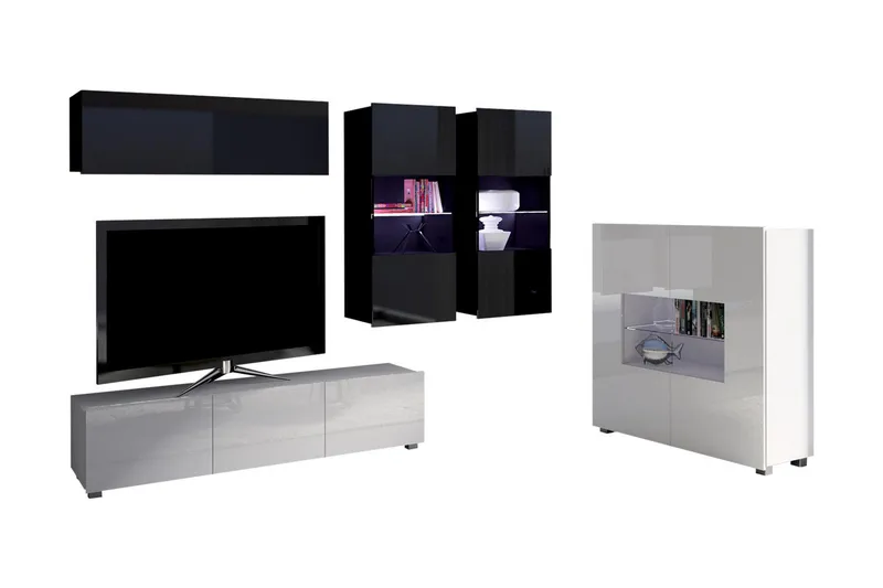 Tessan Tv-möbelset & vitrinskåp - Svart/Vit Högglans/Blå Led-Belysning - Möbler - Vardagsrum - Tv-möbler & mediamöbler - Tv-möbelset