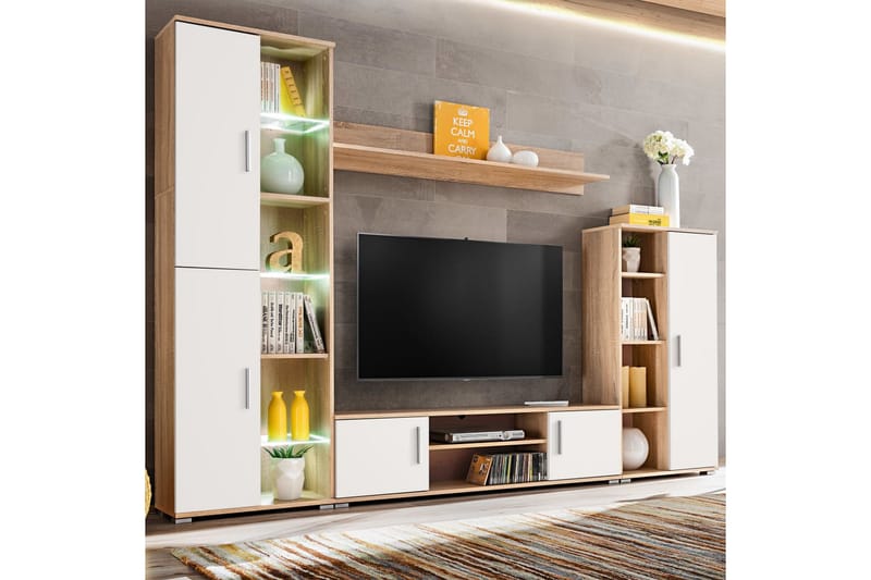 TV-möbel med LED-belysning sonoma-ek och vit - Brun - Tv-bänkar
