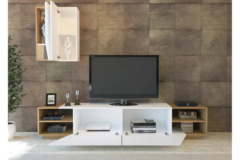 Zebrai Tv-Bänk med Dold Förvaring - Vit/Teak - Möbler - Vardagsrum - Tv-möbler & mediamöbler - Tv-möbelset