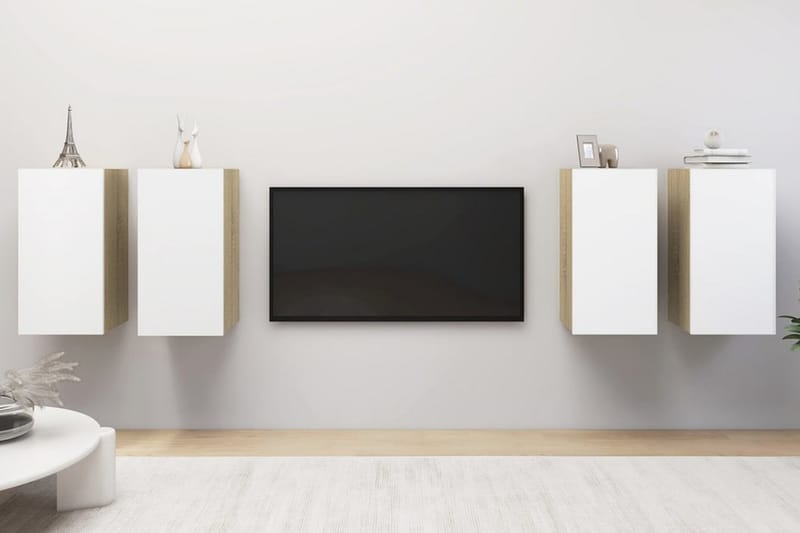 TV-skåp 4 delar vit och sonoma-ek 30,5x30x60 cm spånskiva - Vit - Tv-skåp