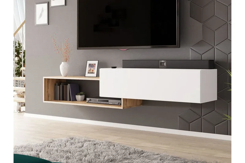 Carbost Väggmonterad TV Bänk 210 cm med Förvaring i Ek - Vit - Möbler - Vardagsrum - Tv-möbler & mediamöbler - Tv-bänkar