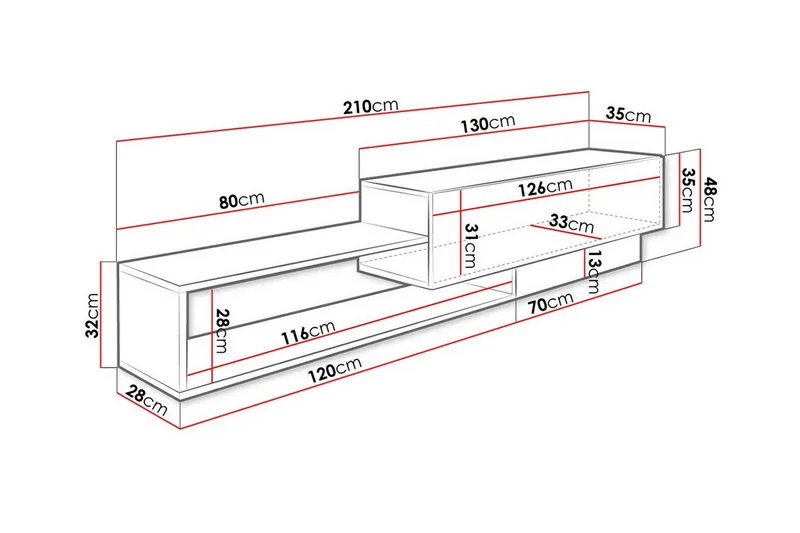 Carbost Väggmonterad TV Bänk 210 cm med Förvaring i Ek - Vit - Möbler - Vardagsrum - Tv-möbler & mediamöbler - Tv-bänkar