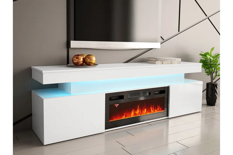 Glenndale Tv bänk med Förvaring + LED kamin + Belysning 190 cm - Vit - Möbler - Vardagsrum - Tv-möbler & mediamöbler - Tv-skåp