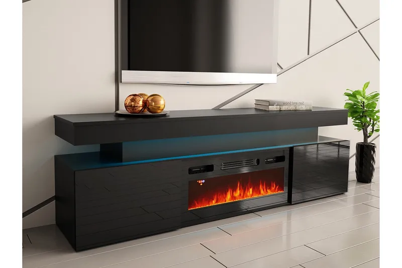 Glenndale Tv bänk med Förvaring + LED kamin + Belysning 190 - Svart - Möbler - Vardagsrum - Tv-möbler & mediamöbler - Tv-skåp