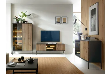 Klinkerville Tv bänk med belysning 39 cm djup 56 cm bred - Svart Trä / Glas / Ribbad - Möbler - Vardagsrum - Tv-möbler & mediamöbler - Tv-bänkar