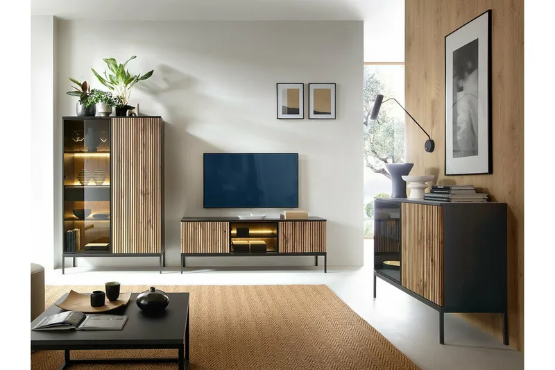 Klinkerville Tv bänk med belysning 39 cm djup 56 cm bred - Svart Trä / Glas / Ribbad - Möbler - Vardagsrum - Tv-möbler & mediamöbler - Tv-skåp