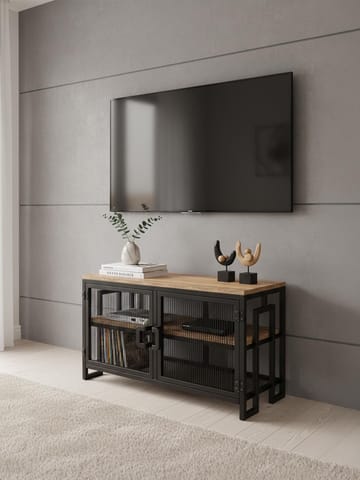 Alvorn Tv-Bänk 90 cm med Förvaring i Metall med Träskiva - Svart - Möbler - Vardagsrum - Tv-möbler & mediamöbler - Tv-bänkar