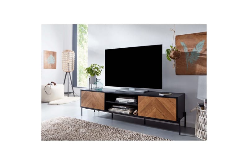 Lowboard Wohnling Ekfanerad med 2 dörrar Förvaringsbrickor Metallben Lantlig stil - Möbler - Vardagsrum - Tv-möbler & mediamöbler - Tv-väggfästen & mediastativ - Tv stativ & väggfästen