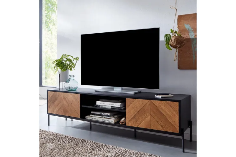 Lowboard Wohnling Ekfanerad med 2 dörrar Förvaringsbrickor Metallben Lantlig stil - Möbler - Vardagsrum - Tv-möbler & mediamöbler - Tv-väggfästen & mediastativ - Tv stativ & väggfästen