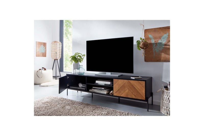 Lowboard Wohnling Ekfanerad med 2 dörrar Förvaringsbrickor Metallben Lantlig stil - Möbler - Vardagsrum - Tv-möbler & mediamöbler - Tv-väggfästen & mediastativ - Tv stativ & väggfästen