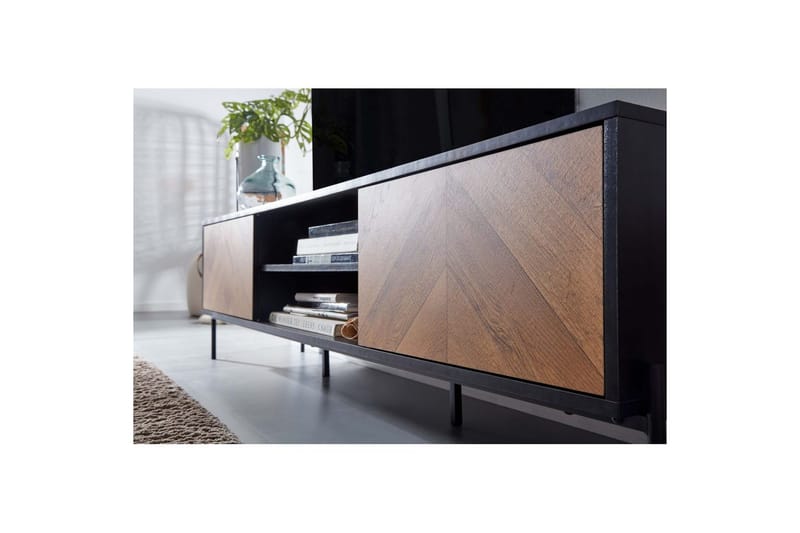 Lowboard Wohnling Ekfanerad med 2 dörrar Förvaringsbrickor Metallben Lantlig stil - Möbler - Vardagsrum - Tv-möbler & mediamöbler - Tv-väggfästen & mediastativ - Tv stativ & väggfästen