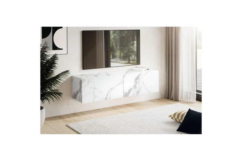 Lowboard Wohnling Folierad upphängning med luckdörr, modern Marmor, Vit, 120 cm - Marmor, Vit, 120 cm - Möbler - Vardagsrum - Tv-möbler & mediamöbler - Tv-hylla
