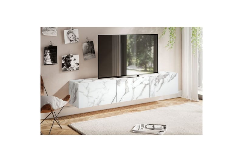 Lowboard Wohnling Folierad upphängning med luckdörr, modern Marmor, Vit, 160 cm - Marmor, Vit, 160 cm - Möbler - Vardagsrum - Tv-möbler & mediamöbler - Tv-väggfästen & mediastativ - Tv stativ & väggfästen