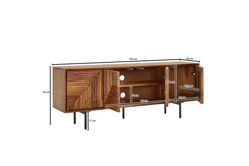 Lowboard Wohnling Massivt trä med förvaring, 4 dörrar, tryck för att öppna, lantlig stil - Möbler - Vardagsrum - Tv-möbler & mediamöbler - Tv-bänkar