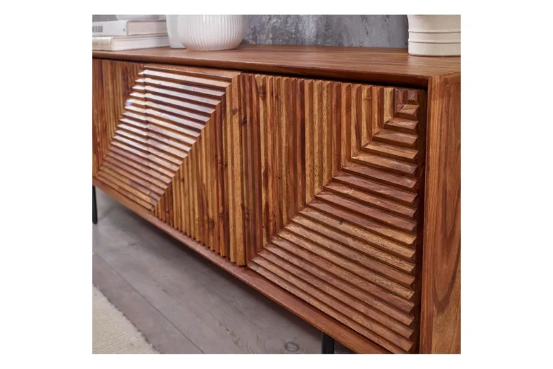 Lowboard Wohnling Massivt trä med förvaring, 4 dörrar, tryck för att öppna, lantlig stil - Möbler - Vardagsrum - Tv-möbler & mediamöbler - Tv-bänkar