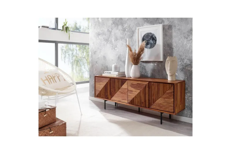 Lowboard Wohnling Massivt trä med förvaring, 4 dörrar, tryck för att öppna, lantlig stil - Möbler - Vardagsrum - Tv-möbler & mediamöbler - Tv-bänkar