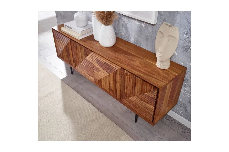 Lowboard Wohnling Massivt trä med förvaring, 4 dörrar, tryck för att öppna, lantlig stil - Möbler - Vardagsrum - Tv-möbler & mediamöbler - Tv-bänkar