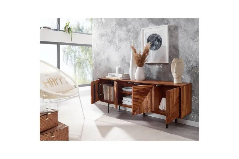 Lowboard Wohnling Massivt trä med förvaring, 4 dörrar, tryck för att öppna, lantlig stil - Möbler - Vardagsrum - Tv-möbler & mediamöbler - Tv-bänkar