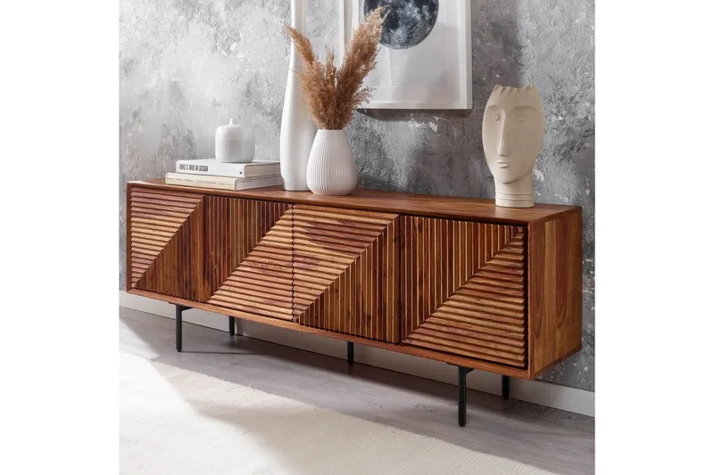 Lowboard Wohnling Massivt trä med förvaring, 4 dörrar, tryck för att öppna, lantlig stil - Möbler - Vardagsrum - Tv-möbler & mediamöbler - Tv-bänkar