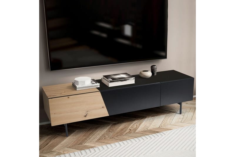 Lowboard Wohnling modernt spånskiva, 1 låda och 1 fällbar dörr, metallben, modern stil Svart, Ek - Svart, Ek - Möbler - Vardagsrum - Tv-möbler & mediamöbler - Tv-väggfästen & mediastativ - Tv stativ & väggfästen