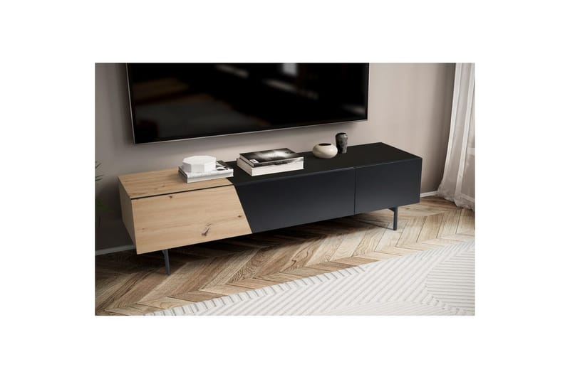 Lowboard Wohnling modernt spånskiva, 1 låda och 1 fällbar dörr, metallben, modern stil Svart, Ek - Svart, Ek - Möbler - Vardagsrum - Tv-möbler & mediamöbler - Tv-väggfästen & mediastativ - Tv stativ & väggfästen