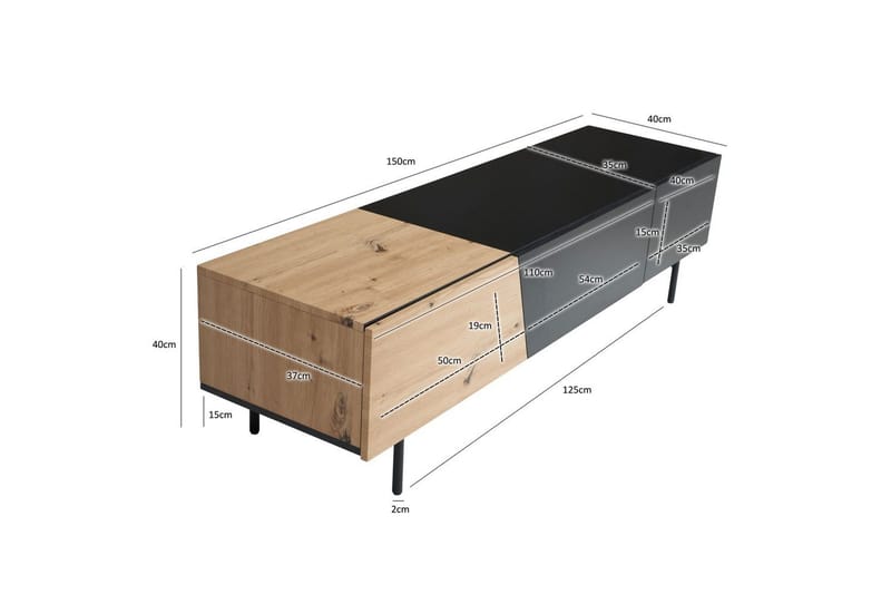 Lowboard Wohnling modernt spånskiva, 1 låda och 1 fällbar dörr, metallben, modern stil Svart, Ek - Svart, Ek - Möbler - Vardagsrum - Tv-möbler & mediamöbler - Tv-väggfästen & mediastativ - Tv stativ & väggfästen