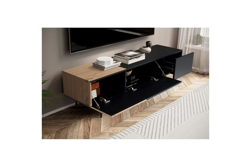 Lowboard Wohnling modernt spånskiva, 1 låda och 1 fällbar dörr, metallben, modern stil Svart, Ek - Svart, Ek - Möbler - Vardagsrum - Tv-möbler & mediamöbler - Tv-väggfästen & mediastativ - Tv stativ & väggfästen