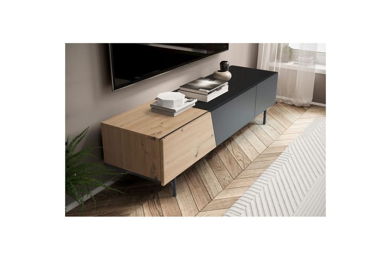 Lowboard Wohnling modernt spånskiva, 1 låda och 1 fällbar dörr, metallben, modern stil Svart, Ek - Svart, Ek - Möbler - Vardagsrum - Tv-möbler & mediamöbler - Tv-väggfästen & mediastativ - Tv stativ & väggfästen