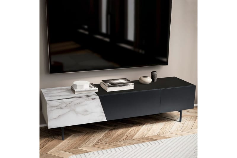 Lowboard Wohnling modernt spånskiva, 1 låda och 1 fällbar dörr, metallben, modern stil Svart, marmor vit - Svart, marmor vit - Möbler - Vardagsrum - Tv-möbler & mediamöbler - Tv-väggfästen & mediastativ - Tv stativ & väggfästen