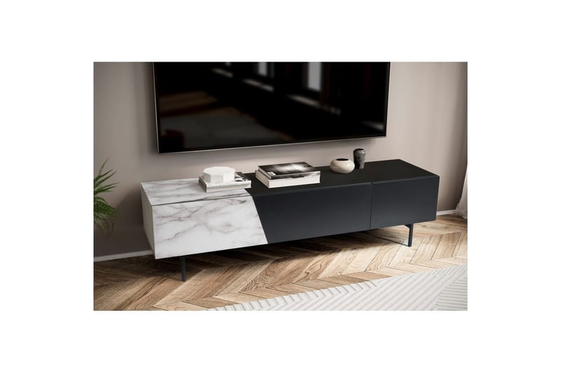 Lowboard Wohnling modernt spånskiva, 1 låda och 1 fällbar dörr, metallben, modern stil Svart, marmor vit - Svart, marmor vit - Möbler - Vardagsrum - Tv-möbler & mediamöbler - Tv-väggfästen & mediastativ - Tv stativ & väggfästen