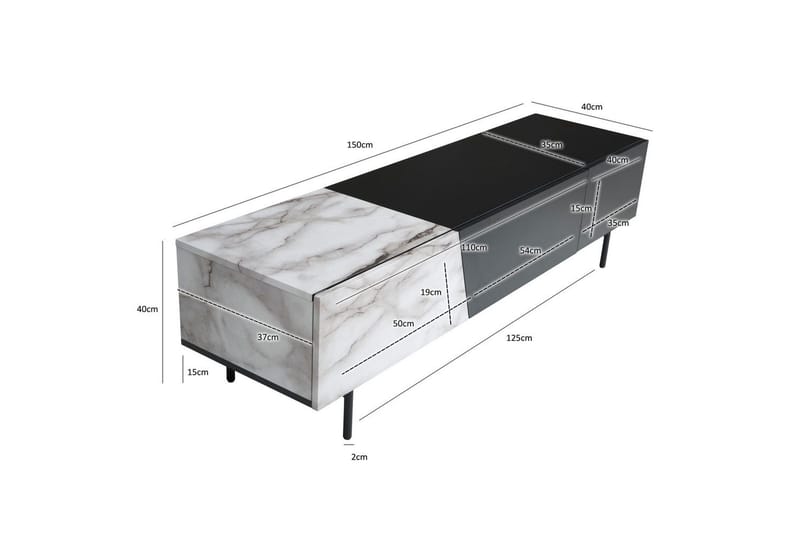 Lowboard Wohnling modernt spånskiva, 1 låda och 1 fällbar dörr, metallben, modern stil Svart, marmor vit - Svart, marmor vit - Möbler - Vardagsrum - Tv-möbler & mediamöbler - Tv-väggfästen & mediastativ - Tv stativ & väggfästen