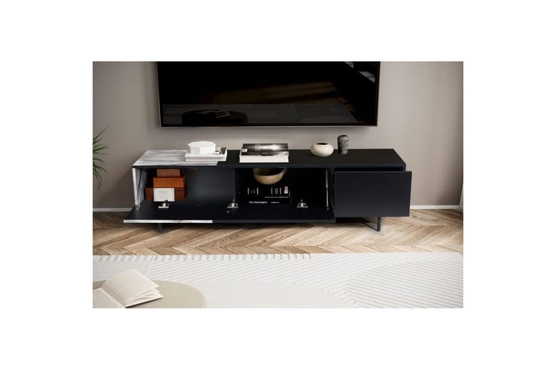 Lowboard Wohnling modernt spånskiva, 1 låda och 1 fällbar dörr, metallben, modern stil Svart, marmor vit - Svart, marmor vit - Möbler - Vardagsrum - Tv-möbler & mediamöbler - Tv-väggfästen & mediastativ - Tv stativ & väggfästen