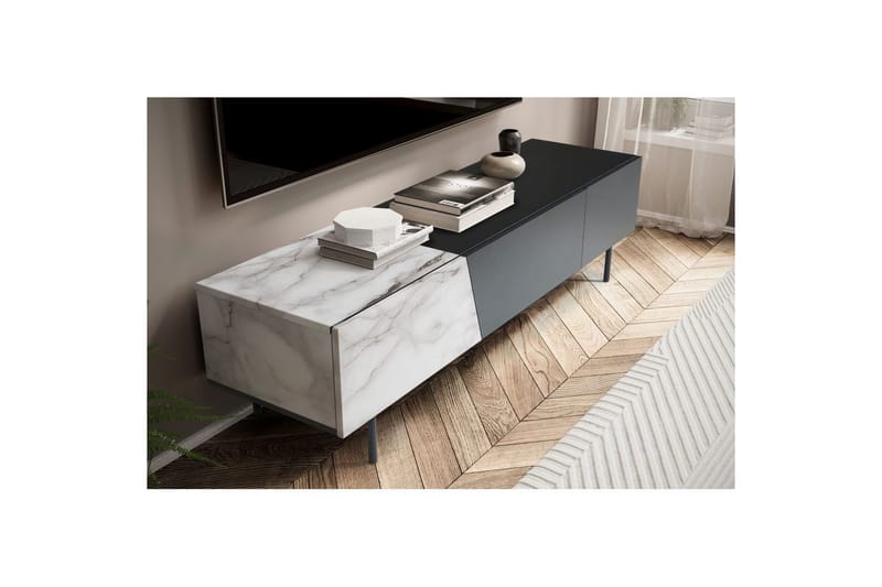 Lowboard Wohnling modernt spånskiva, 1 låda och 1 fällbar dörr, metallben, modern stil Svart, marmor vit - Svart, marmor vit - Möbler - Vardagsrum - Tv-möbler & mediamöbler - Tv-väggfästen & mediastativ - Tv stativ & väggfästen
