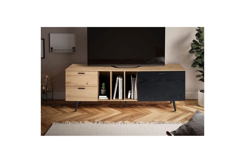 Lowboard Wohnling modernt spånskiva, 2 lådor, 1 dörr, förvaringsbrickor, metallben, modern stil Ek - Ek - Möbler - Vardagsrum - Tv-möbler & mediamöbler - Tv-väggfästen & mediastativ - Tv stativ & väggfästen